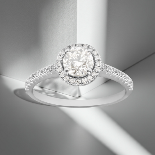 SALE: 0.88ct Natural Diamond Classic Halo Wedding Band Ring in 18ct White Gold