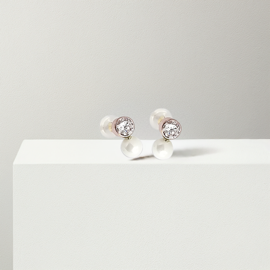 4mm Fresh Water Pearl Cubic Design Huggie Studs in 9ct Rose Gold