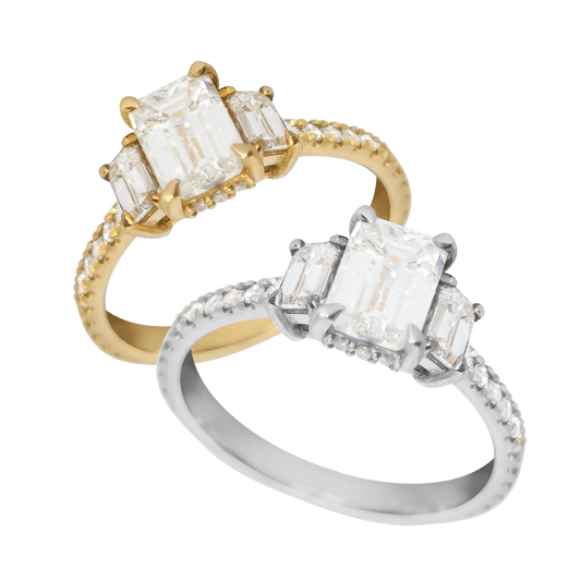 1.00ct Lab-Grown Diamond Emerald Cut Trilogy Engagement Ring in 9ct Gold