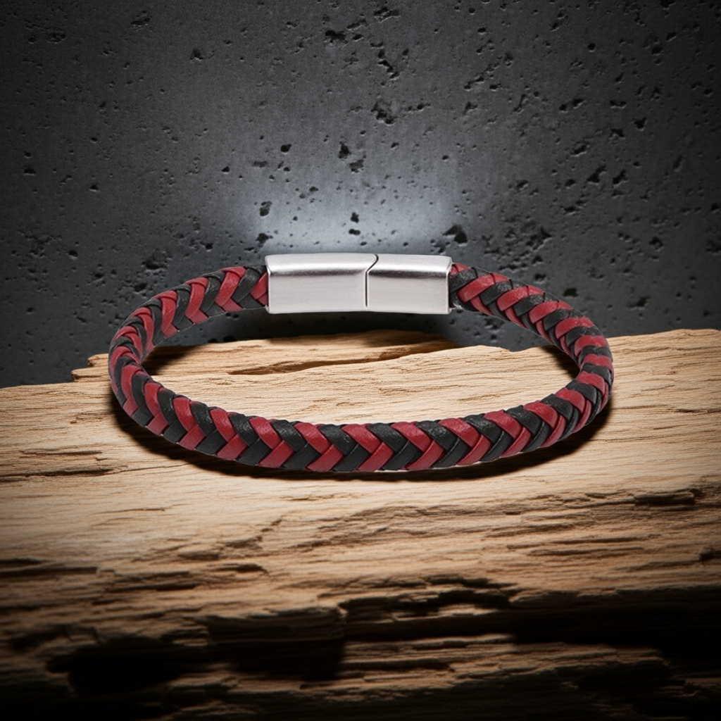 ARZ Steel Red and Black Diamond Woven Leather Bracelet