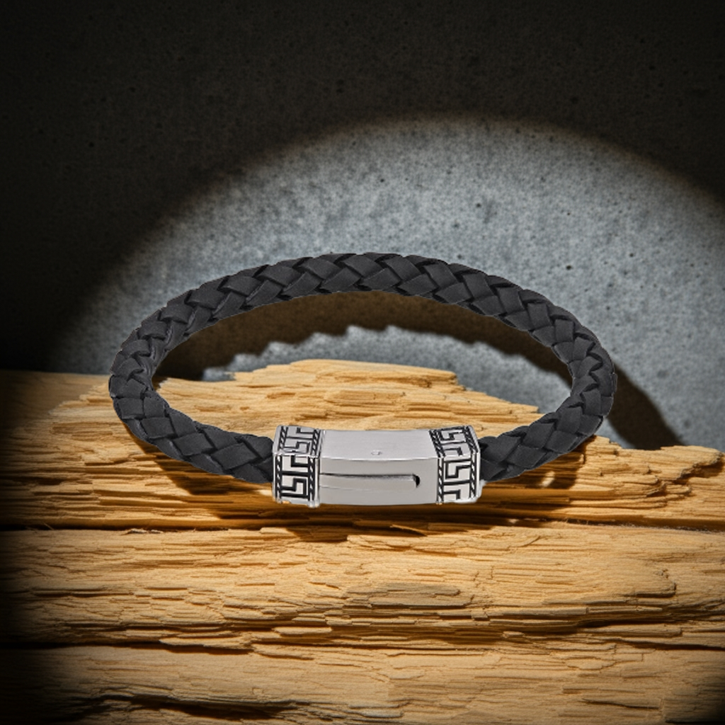 ARZ Steel Tribal Decal Clasp with Black Crossover Woven Leather Bracelet