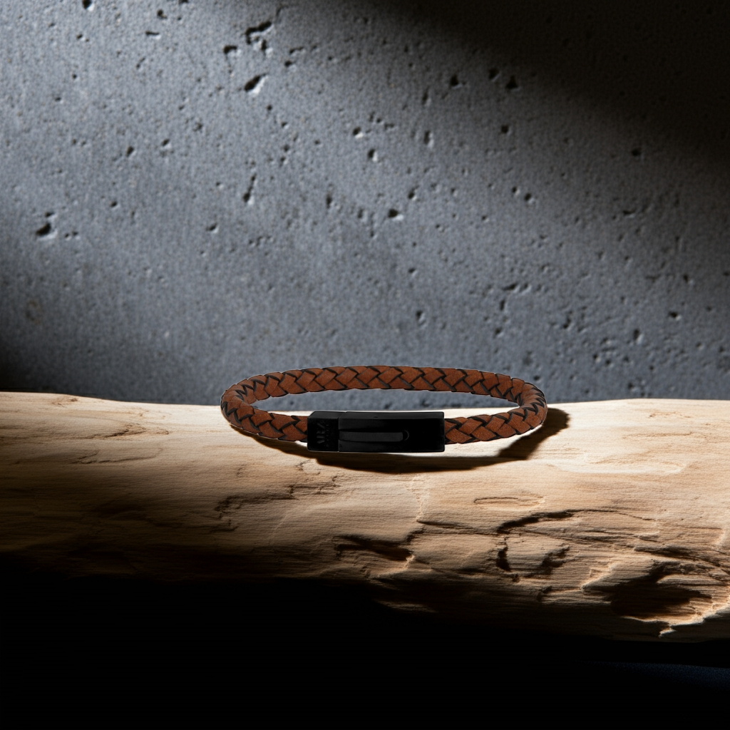 ARZ Steel Black Steel Clasp with Cross Woven Leather Bracelet