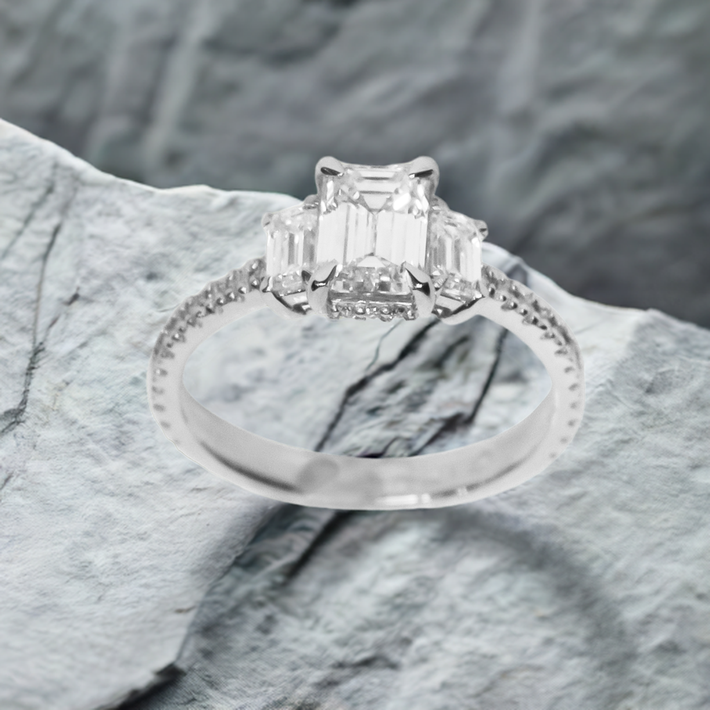 1.00ct Lab-Grown Diamond Emerald Cut Trilogy Engagement Ring in 9ct White Gold