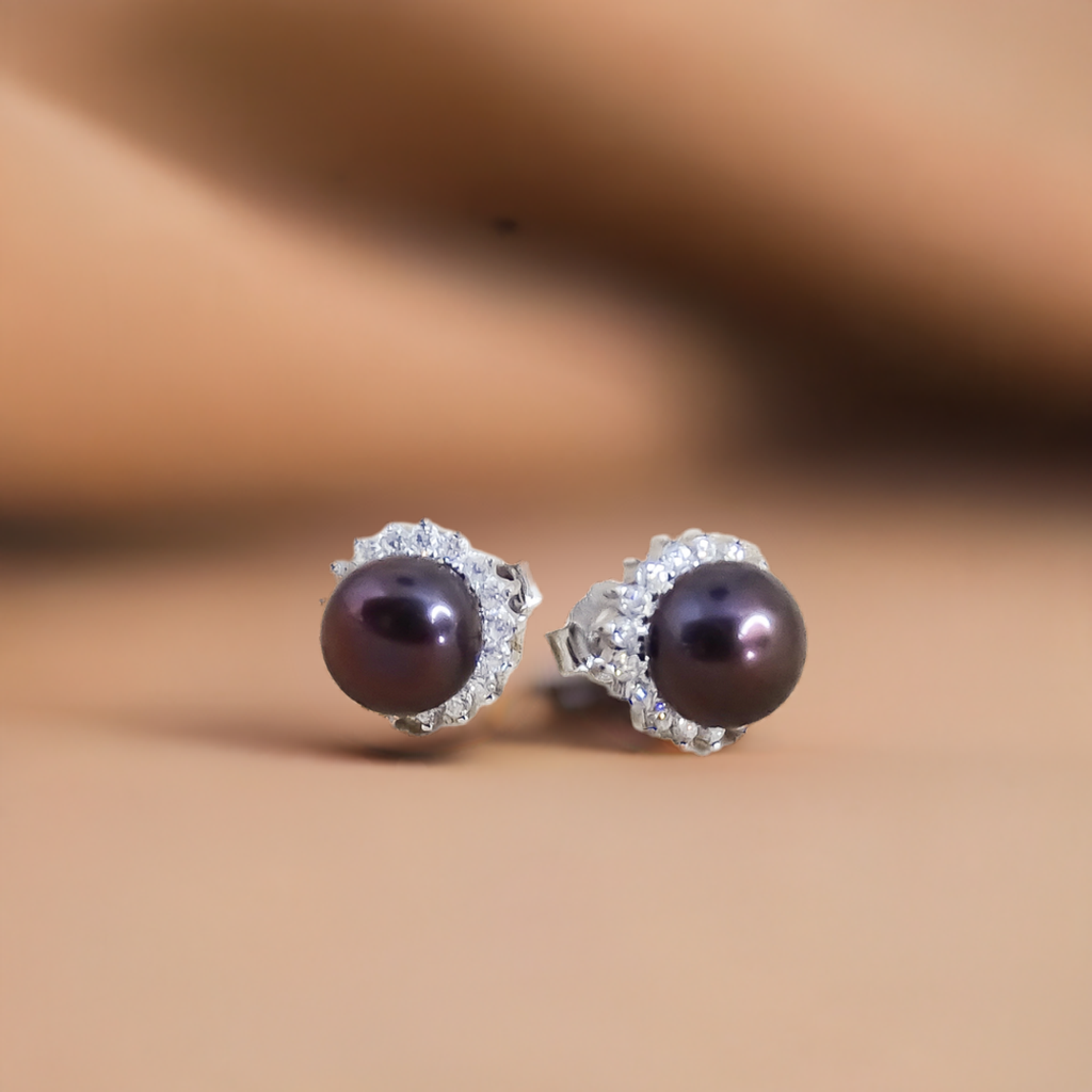 Tahitian Black Pearl and Cubic Zirconias Huggies Studs in Sterling Silver
