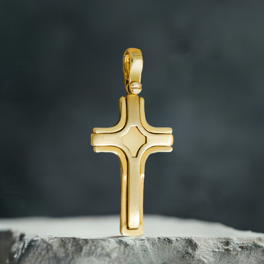 26mm Polished and Brushed Designed Cross Pendant in 9ct Yellow Gold