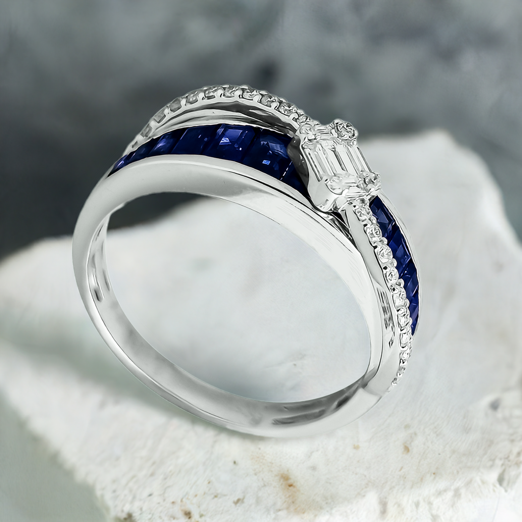 Baguette Sapphire and Diamond Crossover Halo Engagement Ring in 9ct White Gold