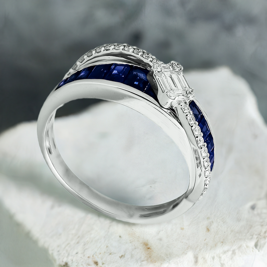 Baguette Sapphire and Diamond Crossover Halo Engagement Ring in 9ct White Gold