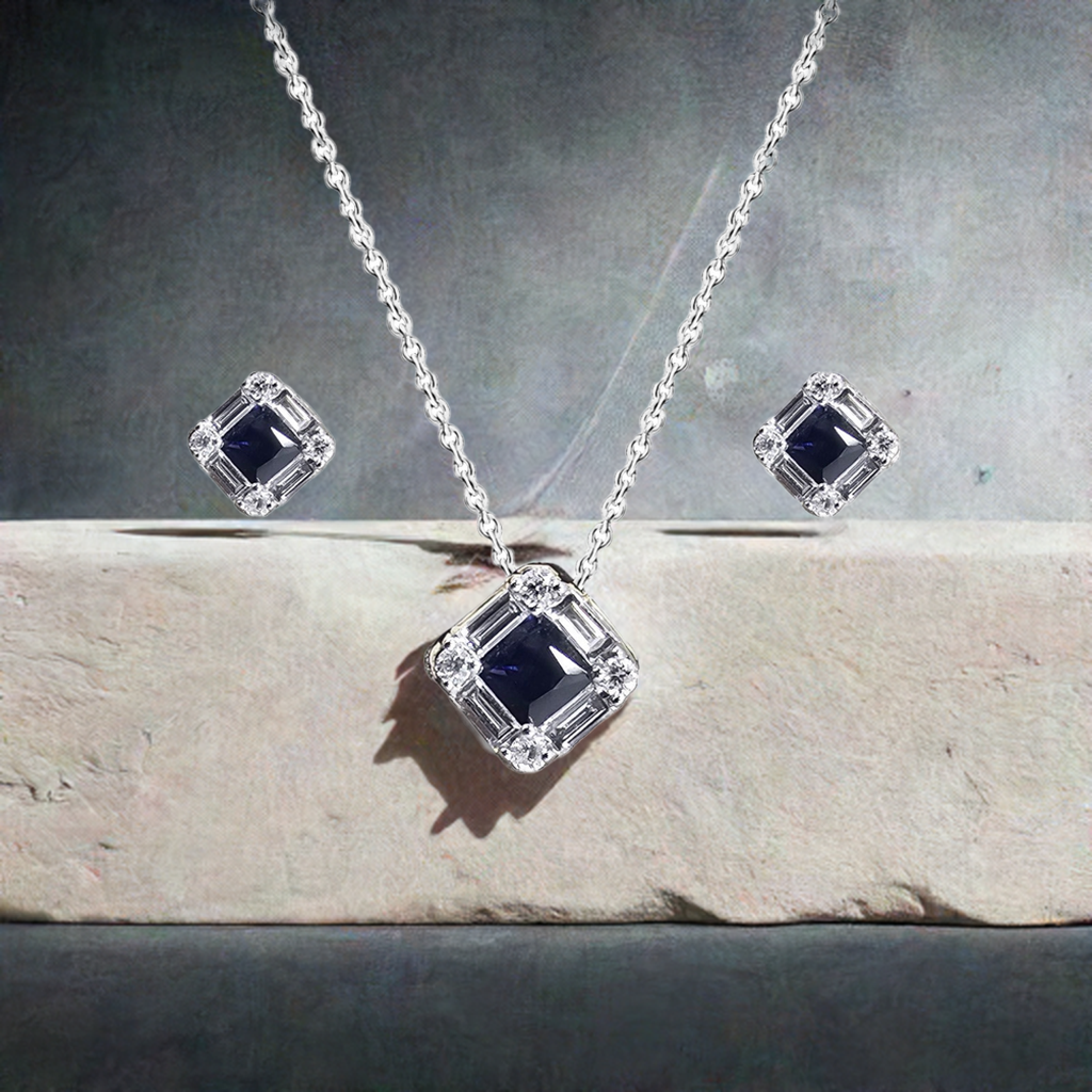 0.46ct Sapphire and Diamond Baguette Halo Pendant and Earring in 9ct White Gold Set