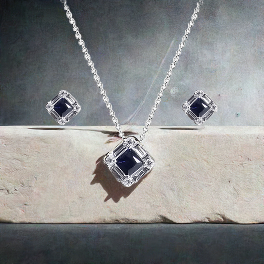 0.46ct Sapphire and Diamond Baguette Halo Pendant and Earring in 9ct White Gold Set
