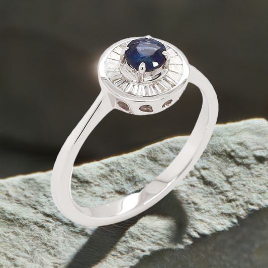 0.29ct Sapphire and Diamond Baguette Halo Ring in 9ct White Gold