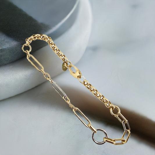 19cm Offset Paper Link Bracelet in 9ct Yellow and White Gold