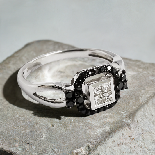 0.19ct Black Diamond with 0.16ct Princess Diamond Ring in 9ct White Gold