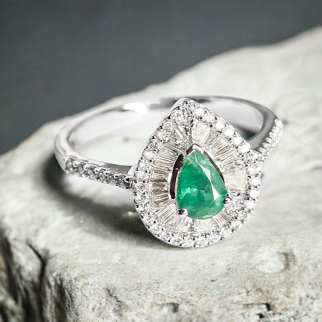Teardrop Emerald and Diamond Halo Wedding Ring in 9ct White Gold