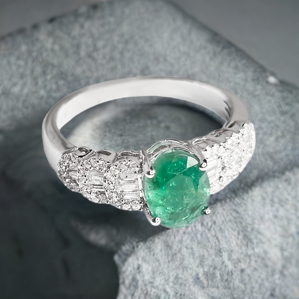Oval Emerald and Gucci Diamond Eternity Setting Wedding Ring in 9ct White Gold