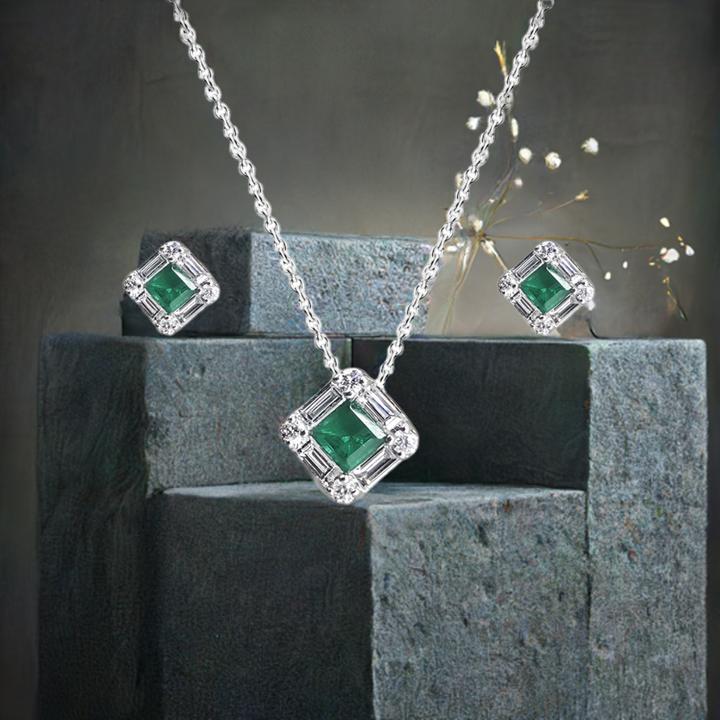 0.27ct Emerald and Diamond Baguette Halo Pendant and Earring in 9ct White Gold Set