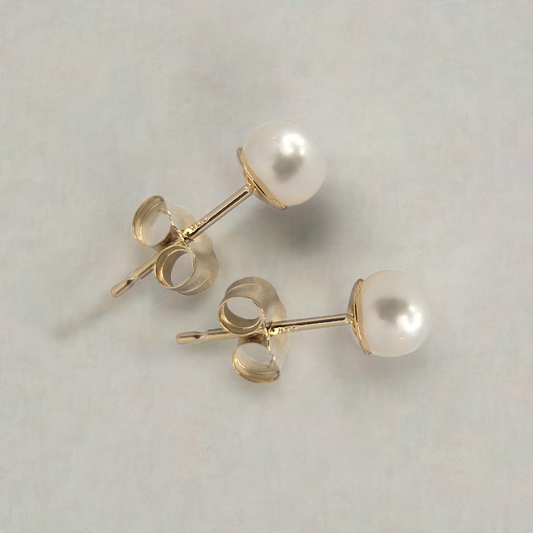 4mm Fresh Water Pearl Solitaire Huggie Studs in 9ct Yellow Gold