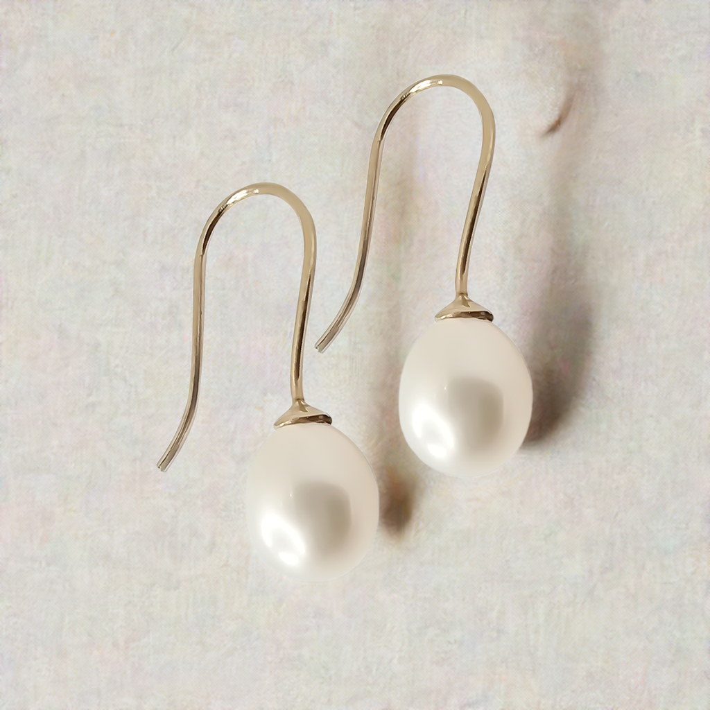 8mm Fresh Water Pearl Sheppards Hook Earring Studs in 9ct Yellow Gold
