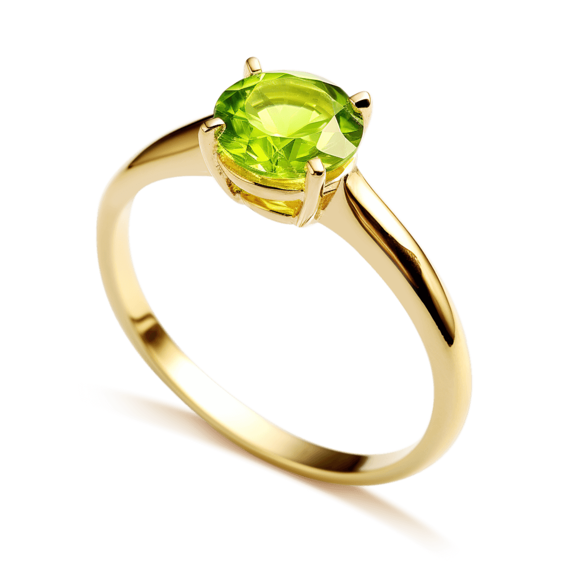 0.85ct Peridot Solitaire Engagement Ring in a four-claw setting and band in 9ct Yellow Gold.