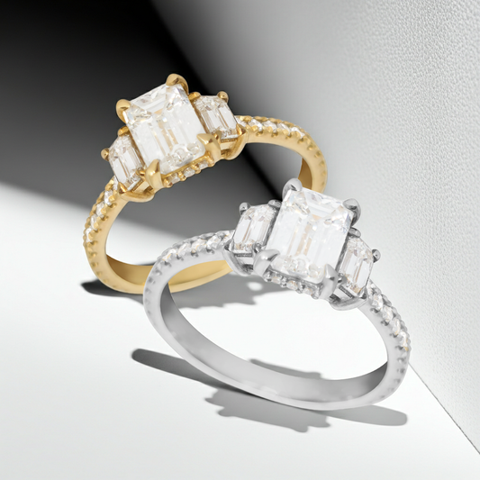 1.00ct Lab-Grown Diamond Emerald Cut Trilogy Engagement Ring in 9ct Gold