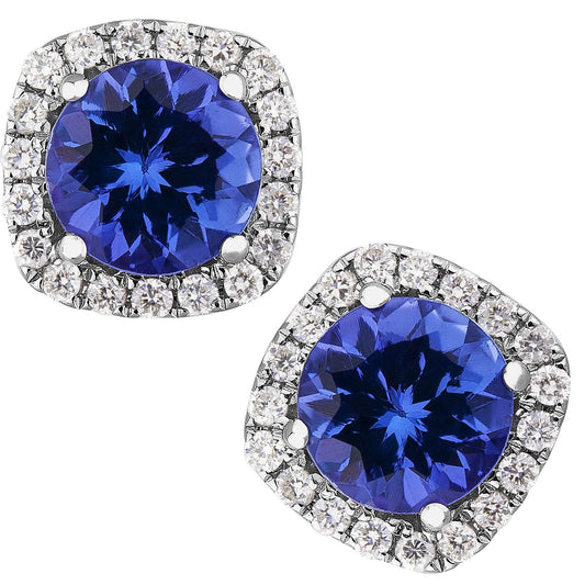 3.00ct Tanzanite with Diamond Cushion Halo Studs in 14ct White Gold