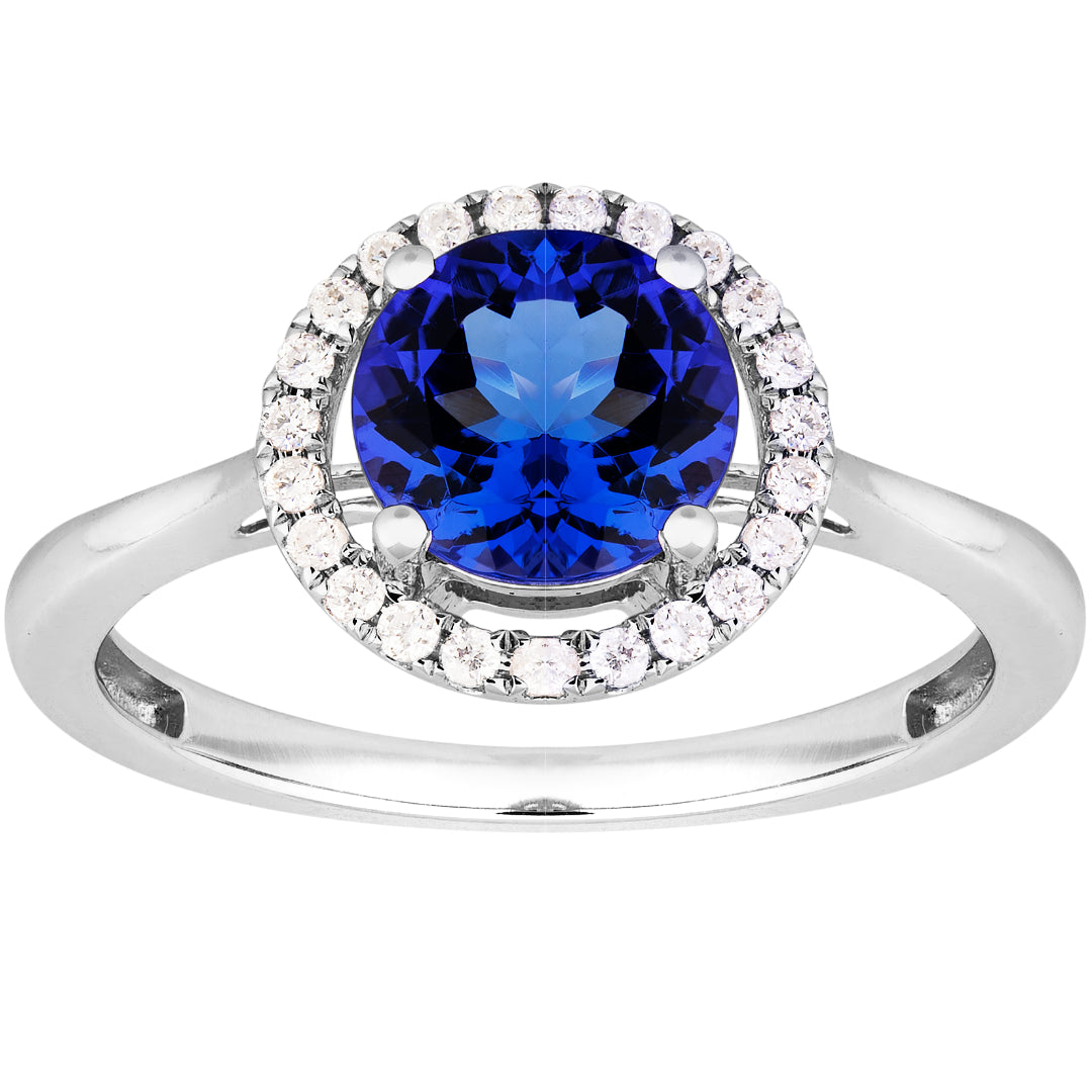 0.87ct Tanzanite and Diamond Halo Ring in 14ct White Gold