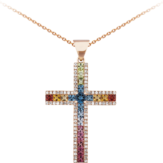 27mm Rainbow Sapphire and Diamond Cross Necklace in 9ct Rose Gold