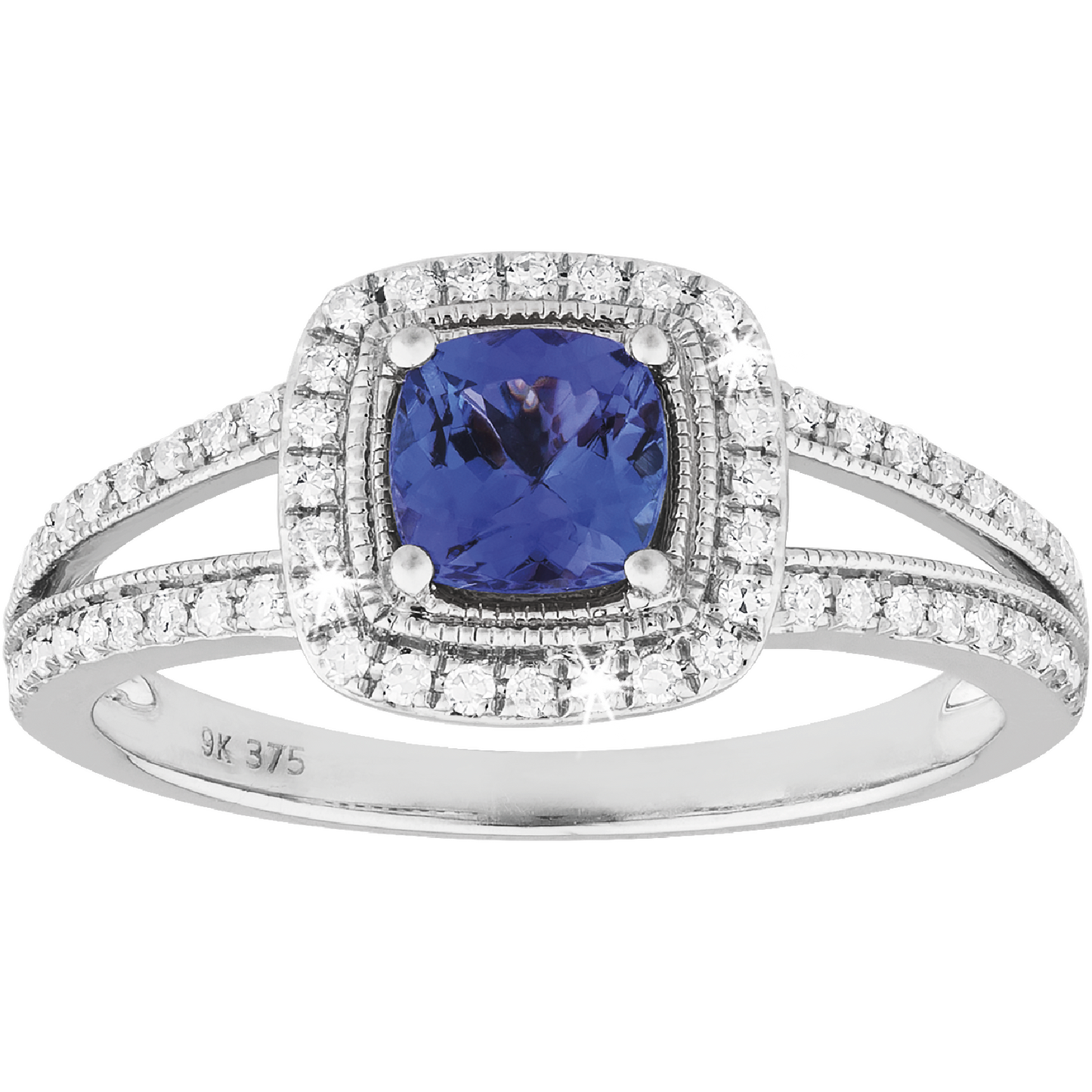 0.41ct Tanzanite Cushion Halo Wedding Ring in 9ct White Gold