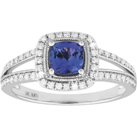 0.41ct Tanzanite Cushion Halo Wedding Ring in 9ct White Gold