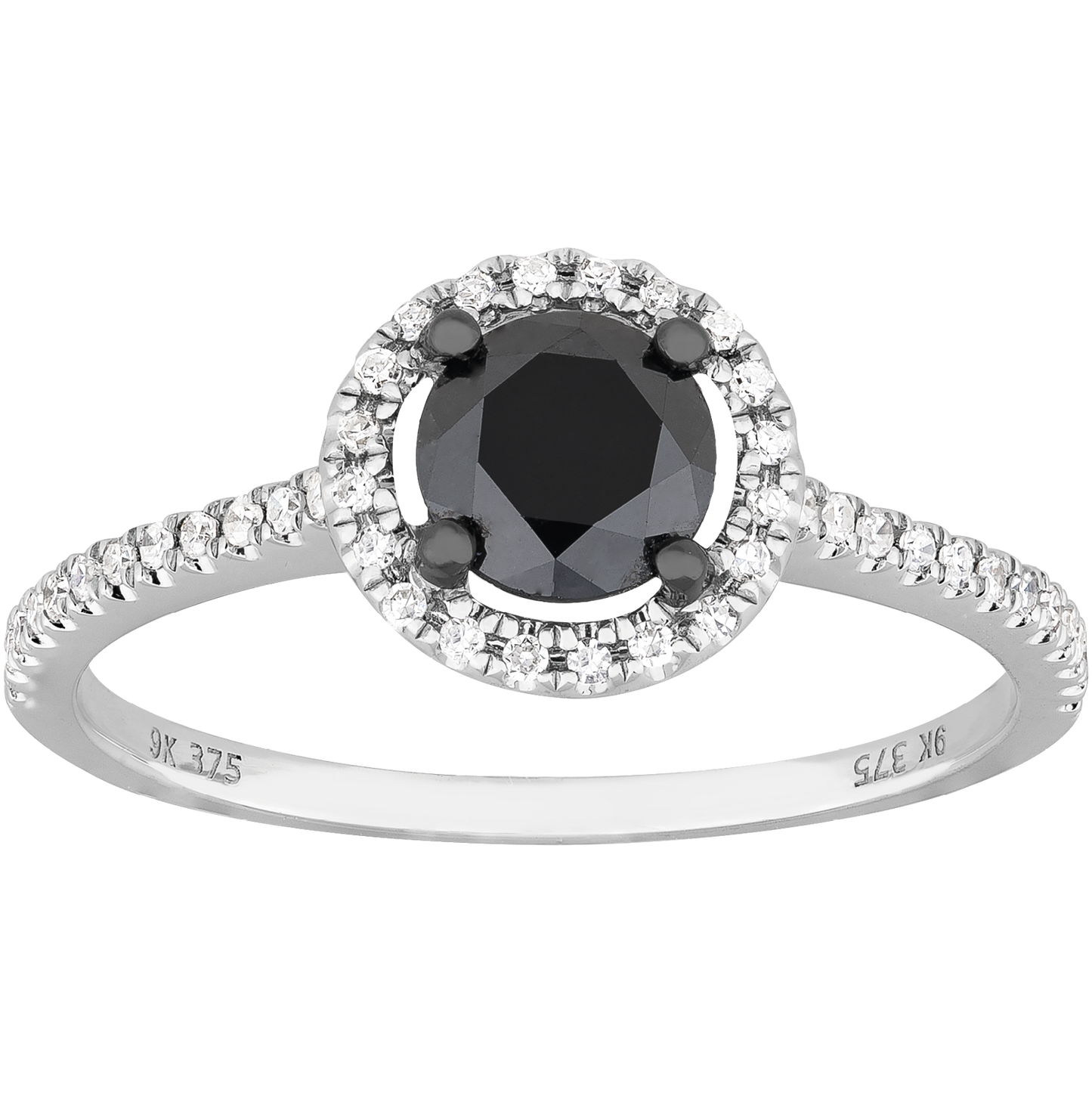 1.00ct Black Diamond Halo Ring in 9ct White Gold