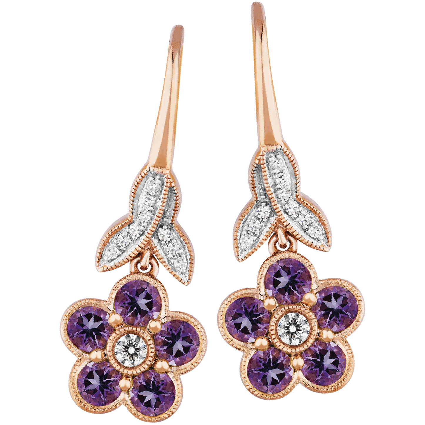 Floral Amethyst and Diamond Drop Studs in 9ct Rose Gold