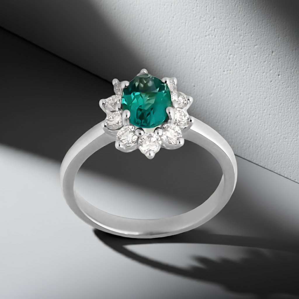 0.72ct Lab-Grown Diamond Halo with Emerald Engagement Ring in 9ct Gold