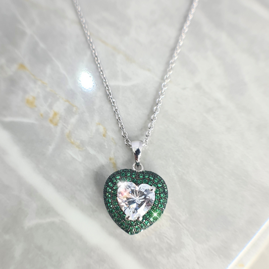 Designed Green and Clear Heart Necklace in Sterling Silver