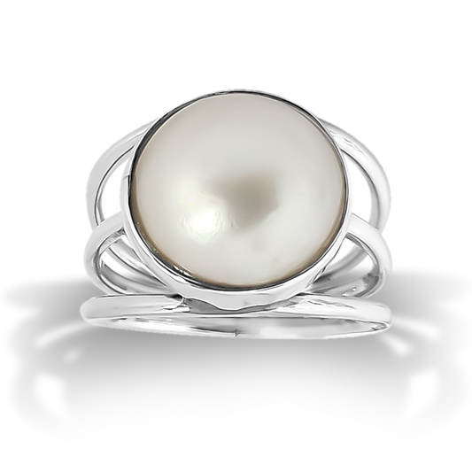 Single Mabe pearl split shank setting thick tube set ring in 925 Sterling Silver
