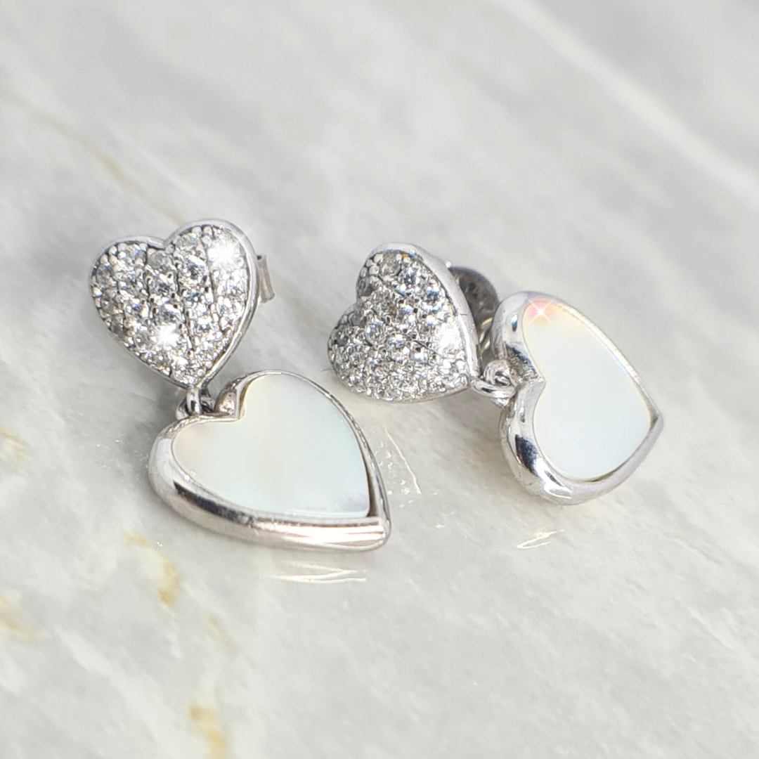 Cubic and Mabe Heart drop Drop Studs in Sterling Silver