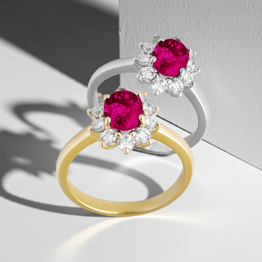 1.05ct Lab-Grown Diamond Halo with Ruby Engagement Ring in 9ct Gold
