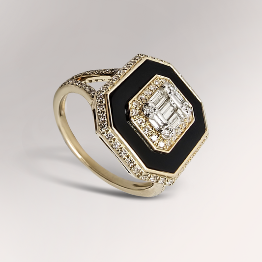 Halo Onyx and Diamond Ring in 9ct Yellow Gold