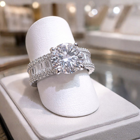 Round Brilliant Lab-Grown Solitaire with a Baguette Diamond Band 9ct White Gold Ring (Copy)