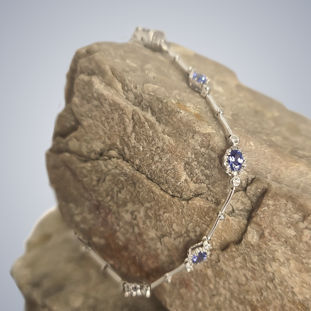 1.20ct Oval Tanzanite and Diamond Halo Bracelet in 9ct White Gold