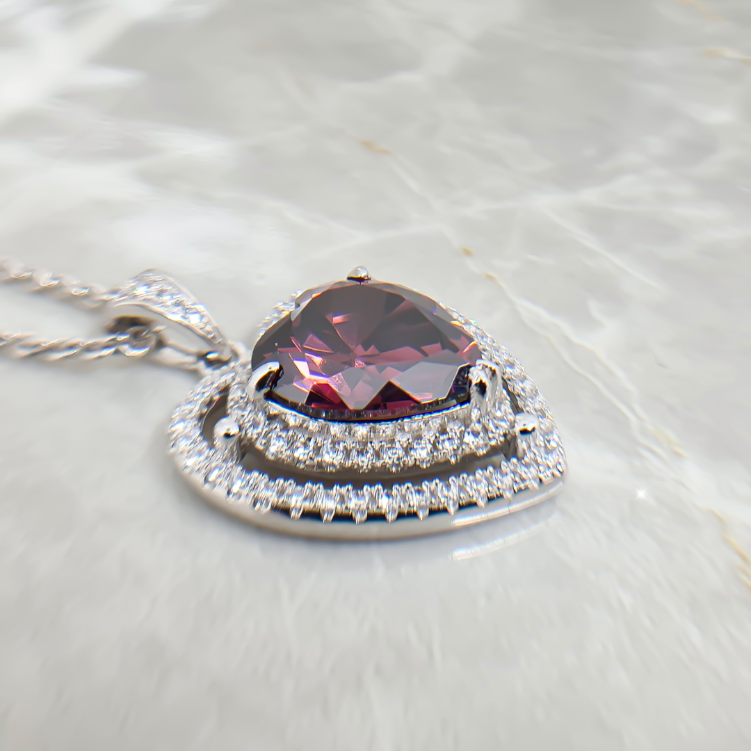 Lab Garnet Heart With Halo Design Necklace in Sterling Silver