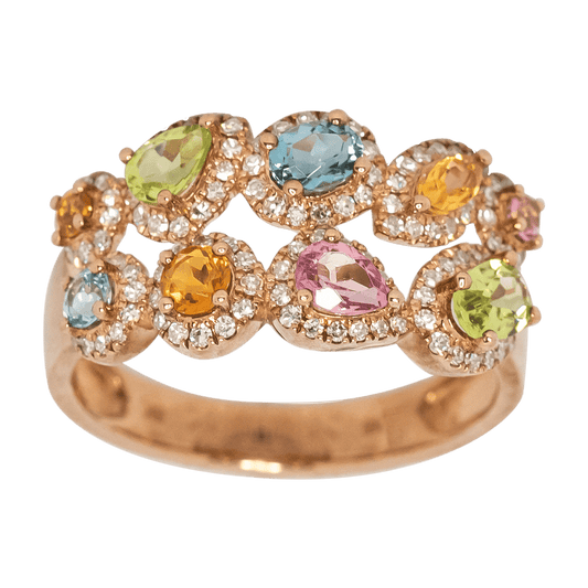 Pink Tourmaline, Ruby, Amethyst, Peridot, London Blue Topaz, Citrine, Pear, and Oval Cuts Art Stylised ring finished with an inner river of sparkling Diamonds set in 9ct Yellow Gold.  Natural Diamonds: 0.37ct Main Stones: Assorted Metal: 375 - 9ct Rose Gold