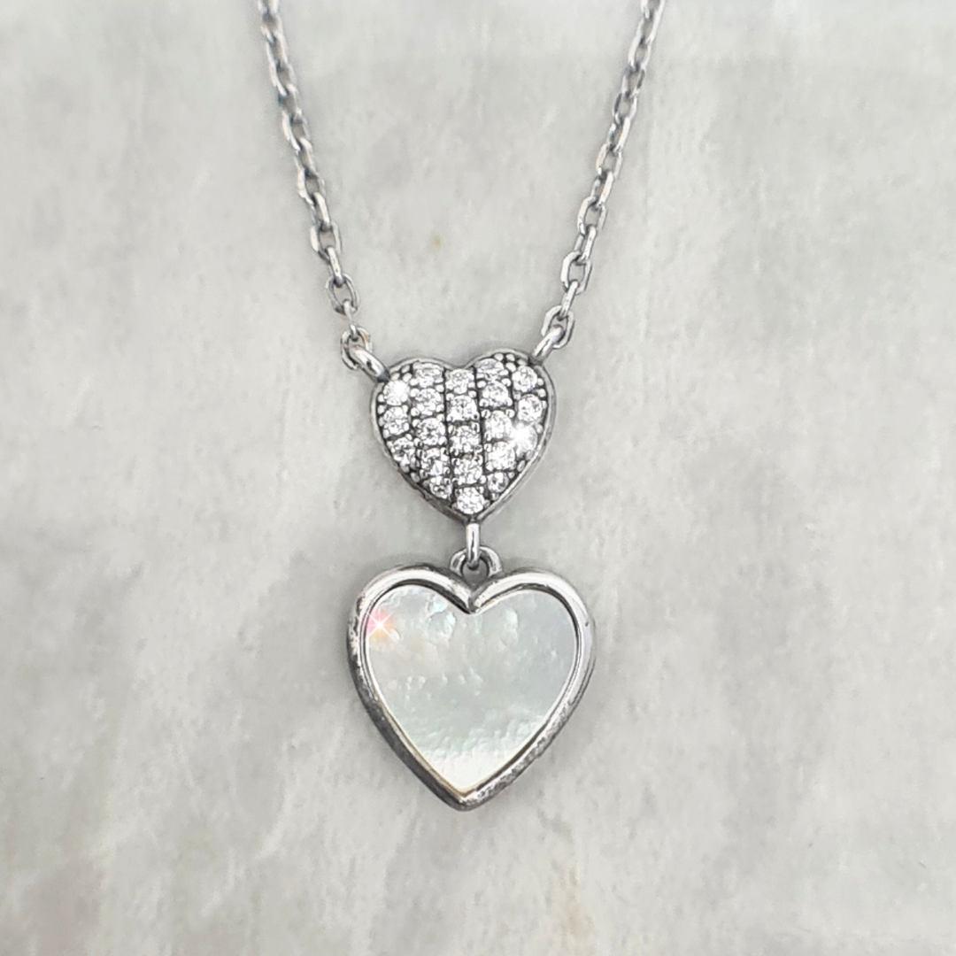 Cubic and Mabe Heart drop Necklace in Sterling Silver