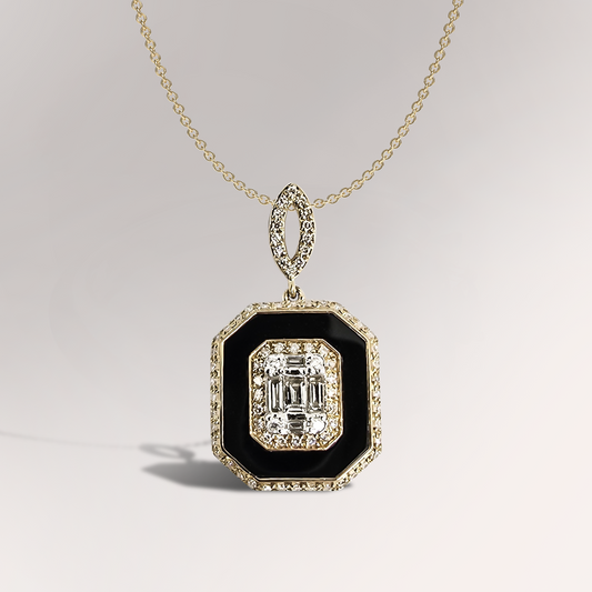 Halo Onyx and Diamond Pendant in 9ct Yellow Gold