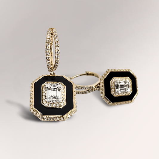 Halo Onyx and Diamond Drop Studs in 9ct Yellow Gold