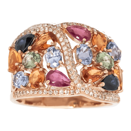 Pink Tourmaline, Ruby, Amethyst, Peridot, London Blue Topaz, Citrine, Pear, and Oval Cuts Art Stylised ring finished with an inner river of sparkling Diamonds set in 9ct Yellow Gold.Natural Diamonds: 0.25ctMain Stones: AssortedMetal: 375 - 9ct Rose Gold