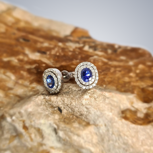 0.50ct Oval Tanzanite with Diamond Double Halo Studs in 9ct White Gold