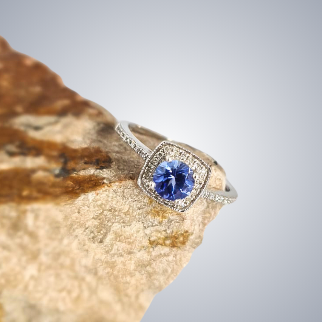 0.50ct Tanzanite with Diamond Cushion Halo Ring in 9ct White Gold