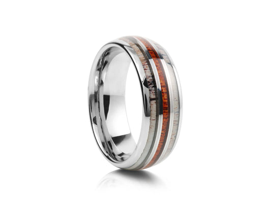 8mm Tungsten Ring - Silver with two Wood and Carbon Inlay Vertical Grain