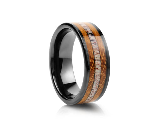 8mm Tungsten Ring - Black with Two Wood and Stone Inlay