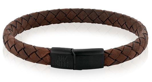 ARZ Steel Diamond Woven Leather Bracelet