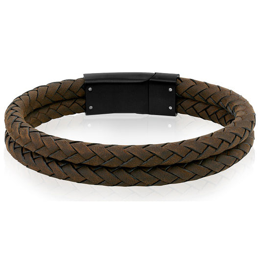 ARZ Steel Black Steel Clasp with Double Brown Tight Cross Woven Leather Bracelet